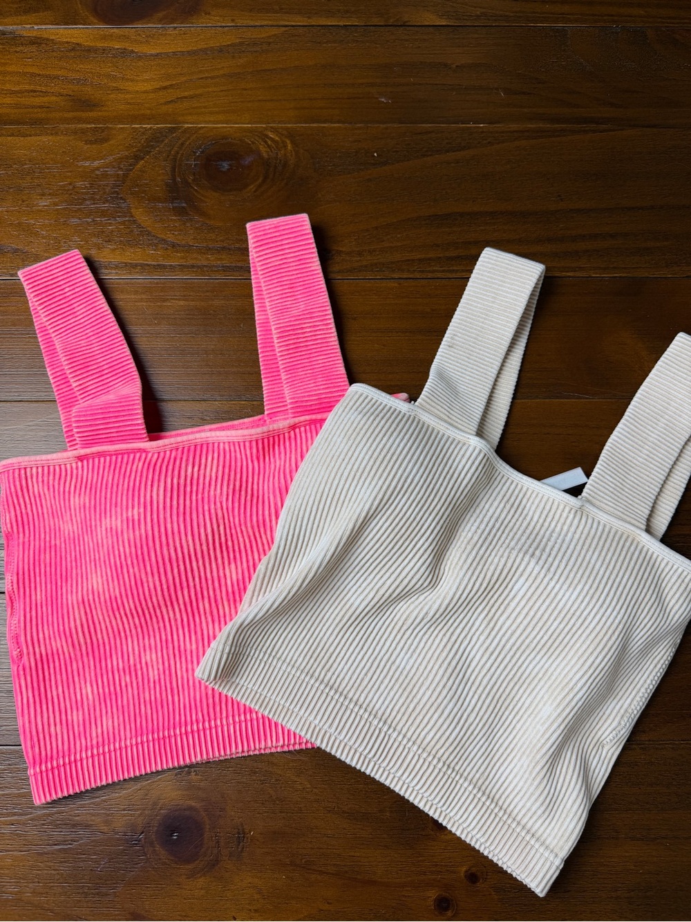 Ribbed Crop Tank Top Set Neon Pink Beige Square Neck Stretch Size S M